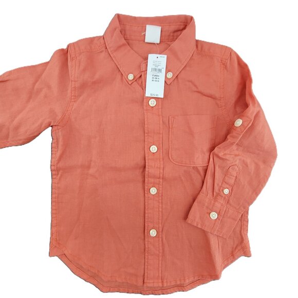 NEW Baby GAP Shirt Toddler 2 Orange Linen Cotton Button-Down Long Roll Tab Sleev - Picture 1 of 5